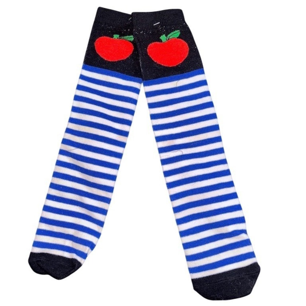 TeeHee Socks Girls Knee-High Socks Blue & White Striped Red Apple 1 Pair